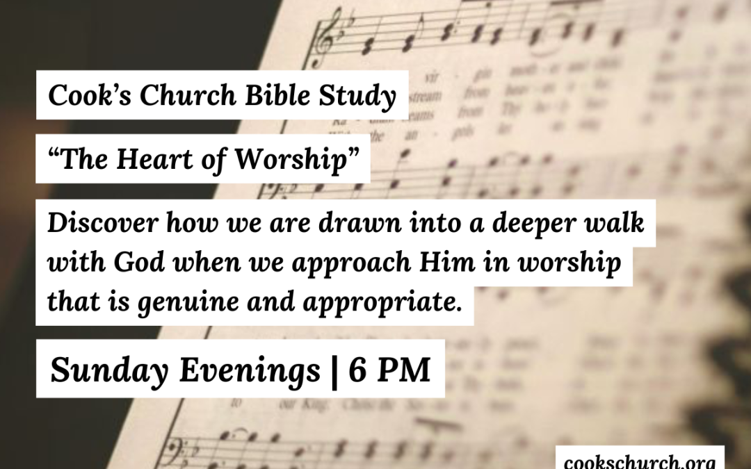 We’d love to have you join us at our Sunday night Adult Bible Study at 6pm each week in our sanctuary and the current theme we are studying is “The Heart of Worship”!